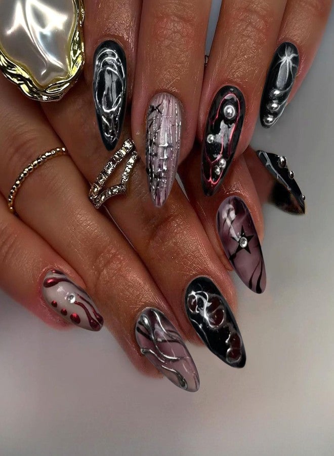 VOTACOS Goth Red Black Press on Nails Almond Medium Acrylic Fake Nails Press Ons with Glue 24Pcs Silver Lines Beads Y2K Stick on Nail with Designs 3D Star Artificial Glue on False Nail for Women - Image 1